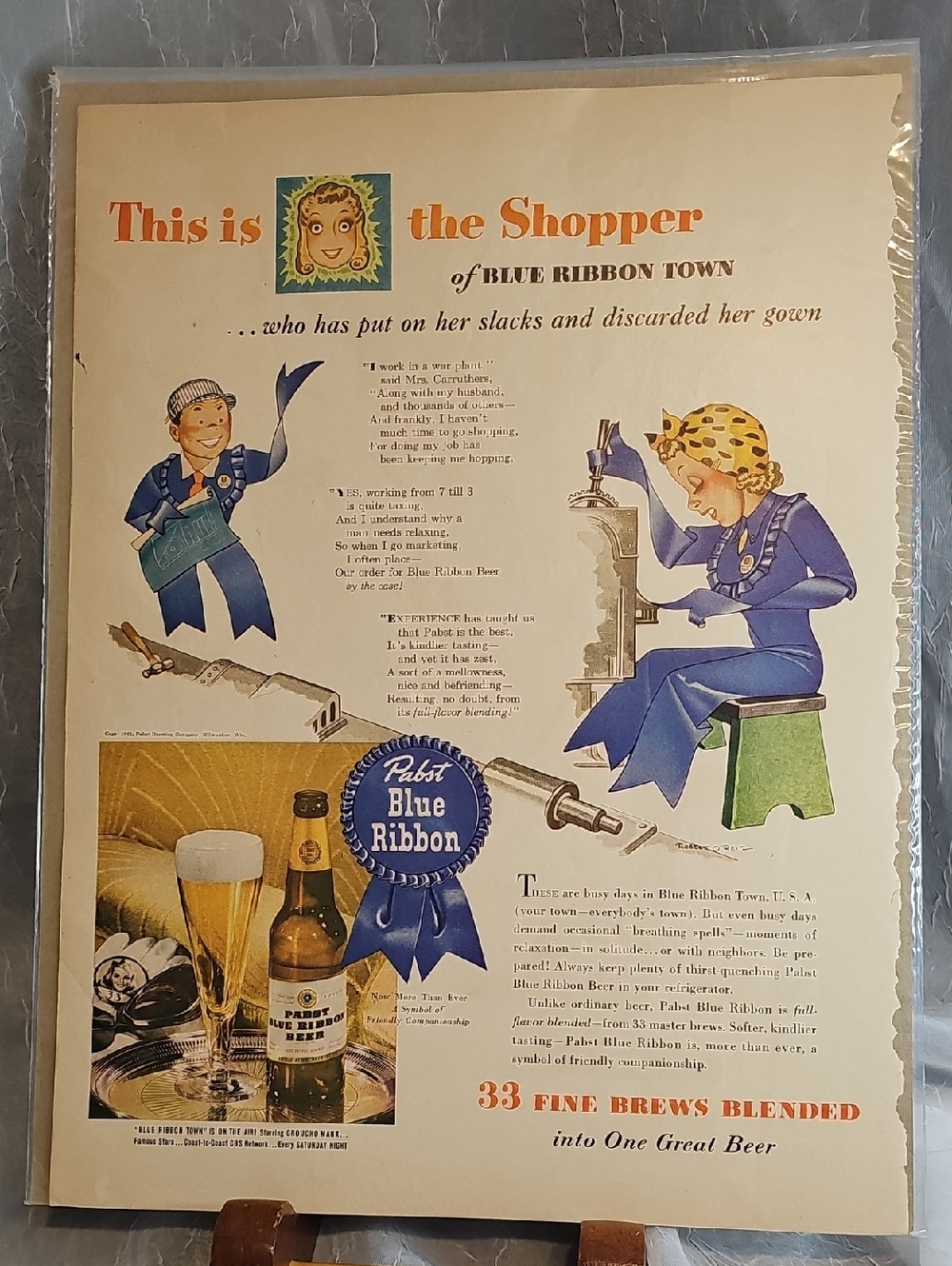 1943 Pabst Blue Ribbon Retro Advertising Advertisment in Blue and Cream